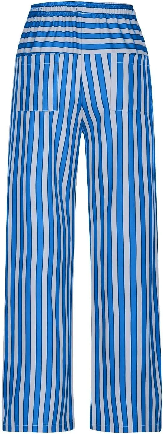 fanmpghleoo Drawstring Striped Pants Women Low Rise Wide Leg Pants Comfy Lounge Pants with Pockets Straight Leg Trousers