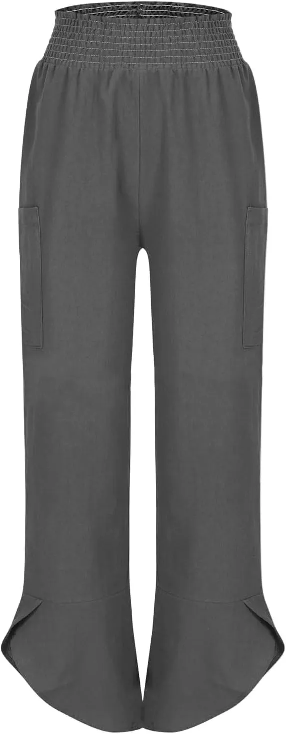 fanmpghleoo Harem Pants Women Cropped Wide Leg Linen Pants Summer Smocked Elastic Waist Yoga Pull On Capris with Pockets