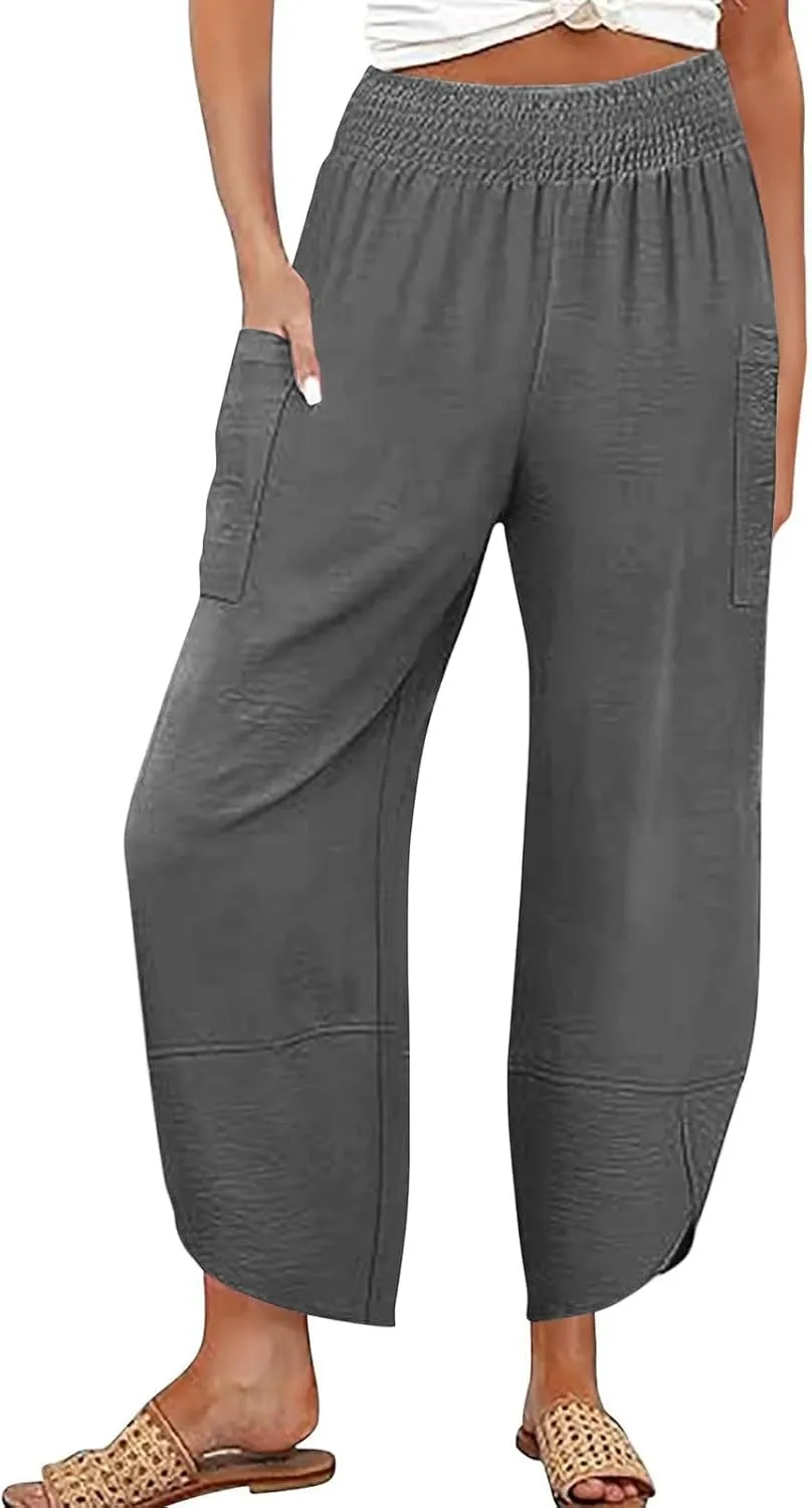 fanmpghleoo Harem Pants Women Cropped Wide Leg Linen Pants Summer Smocked Elastic Waist Yoga Pull On Capris with Pockets