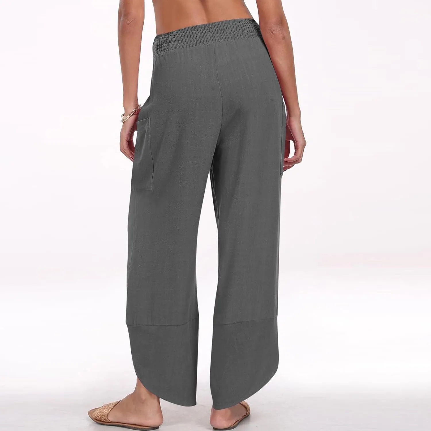 fanmpghleoo Harem Pants Women Cropped Wide Leg Linen Pants Summer Smocked Elastic Waist Yoga Pull On Capris with Pockets
