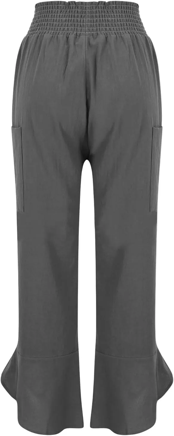 fanmpghleoo Harem Pants Women Cropped Wide Leg Linen Pants Summer Smocked Elastic Waist Yoga Pull On Capris with Pockets