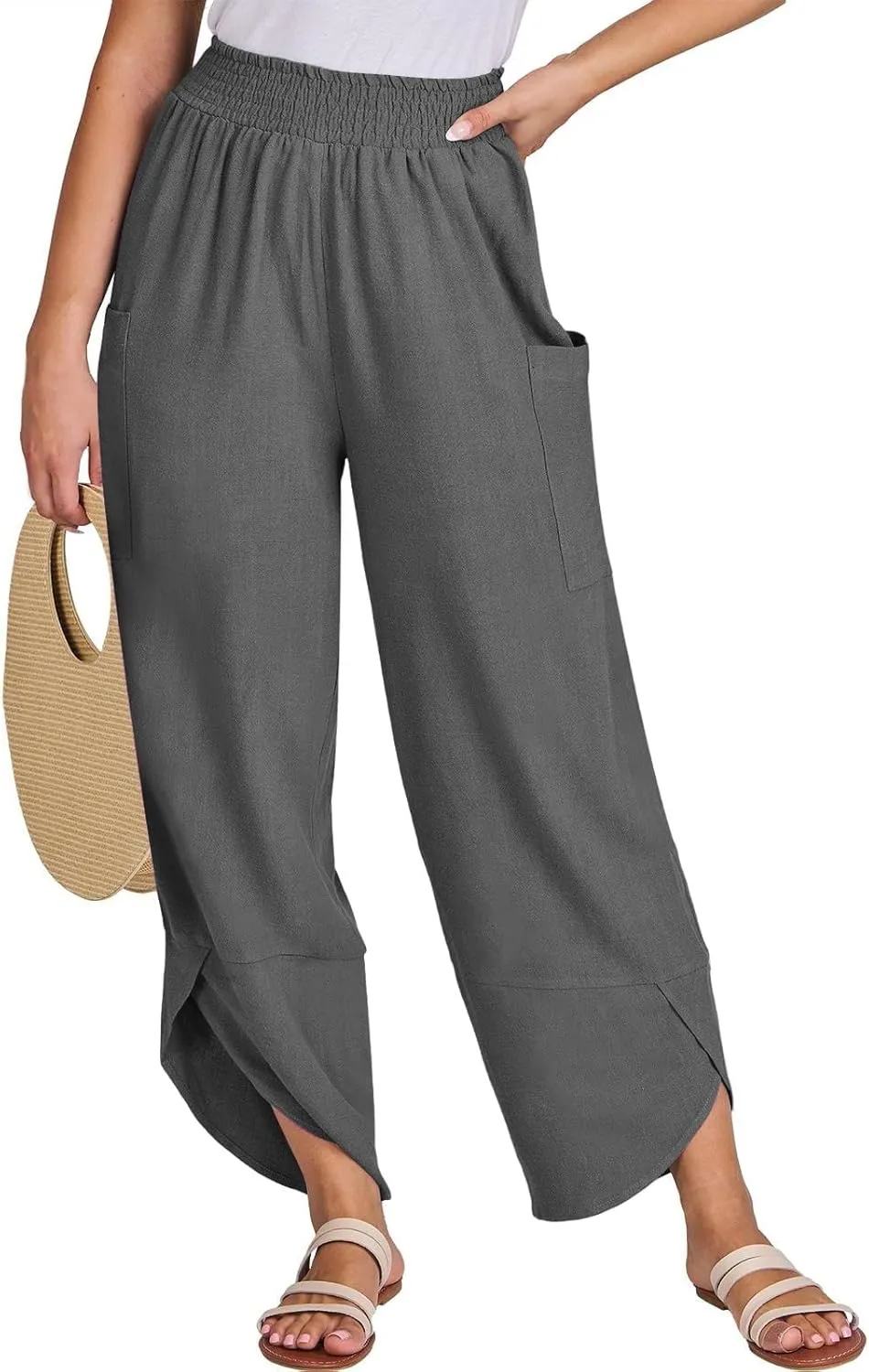 fanmpghleoo Harem Pants Women Cropped Wide Leg Linen Pants Summer Smocked Elastic Waist Yoga Pull On Capris with Pockets
