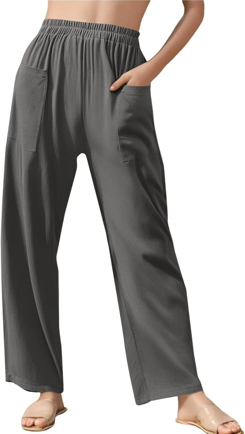 fanmpghleoo Linen Pants Women Summer Elastic High Waisted Wide Leg Linen Pants for Women 2025 Comfy Lounge Pants with Pockets