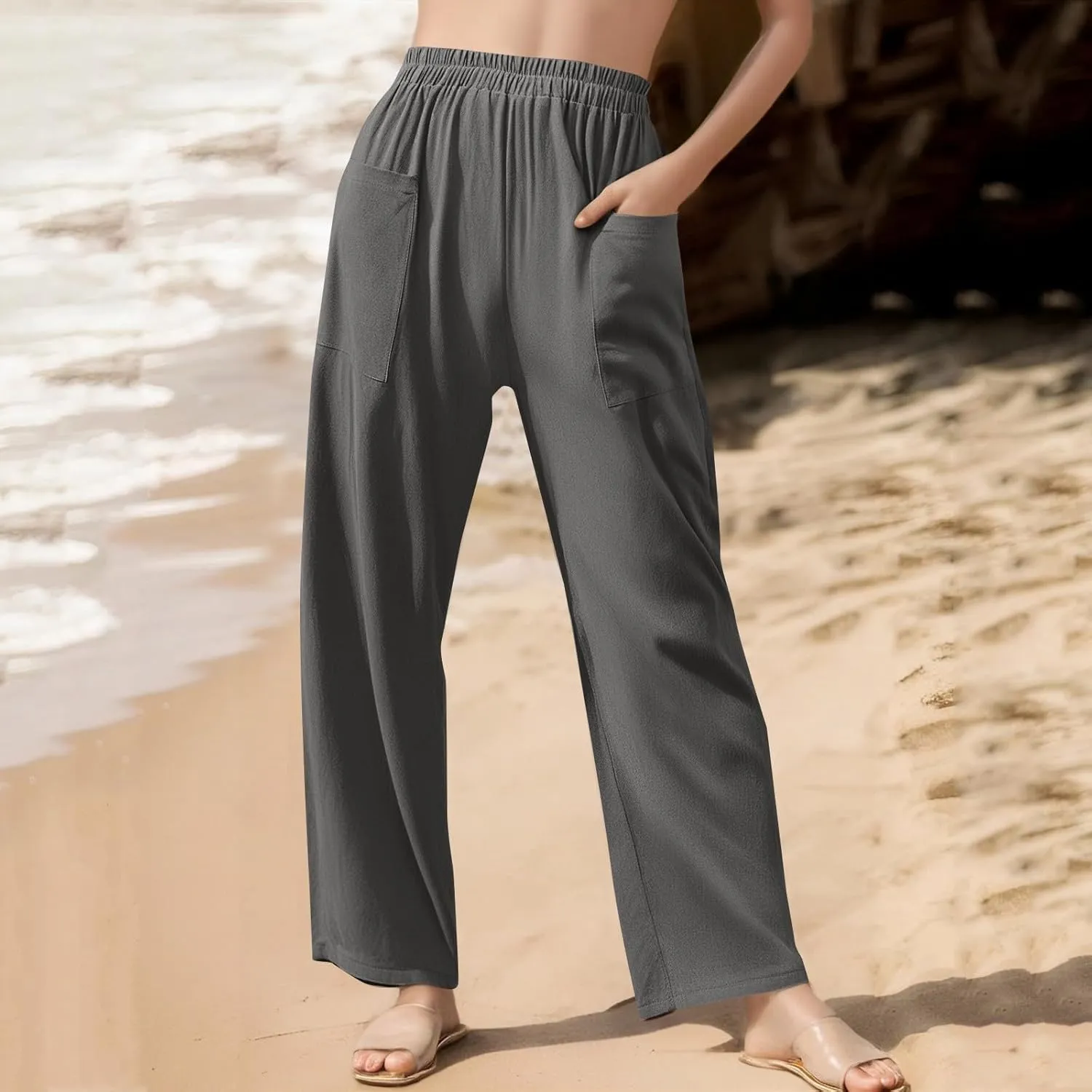 fanmpghleoo Linen Pants Women Summer Elastic High Waisted Wide Leg Linen Pants for Women 2025 Comfy Lounge Pants with Pockets