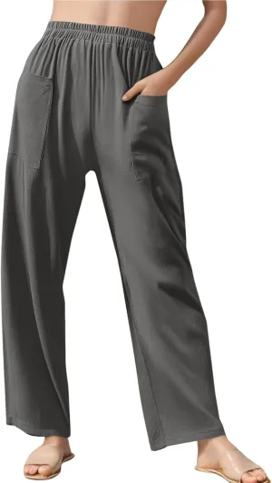 fanmpghleoo Linen Pants Women Summer Elastic High Waisted Wide Leg Linen Pants for Women 2025 Comfy Lounge Pants with Pockets