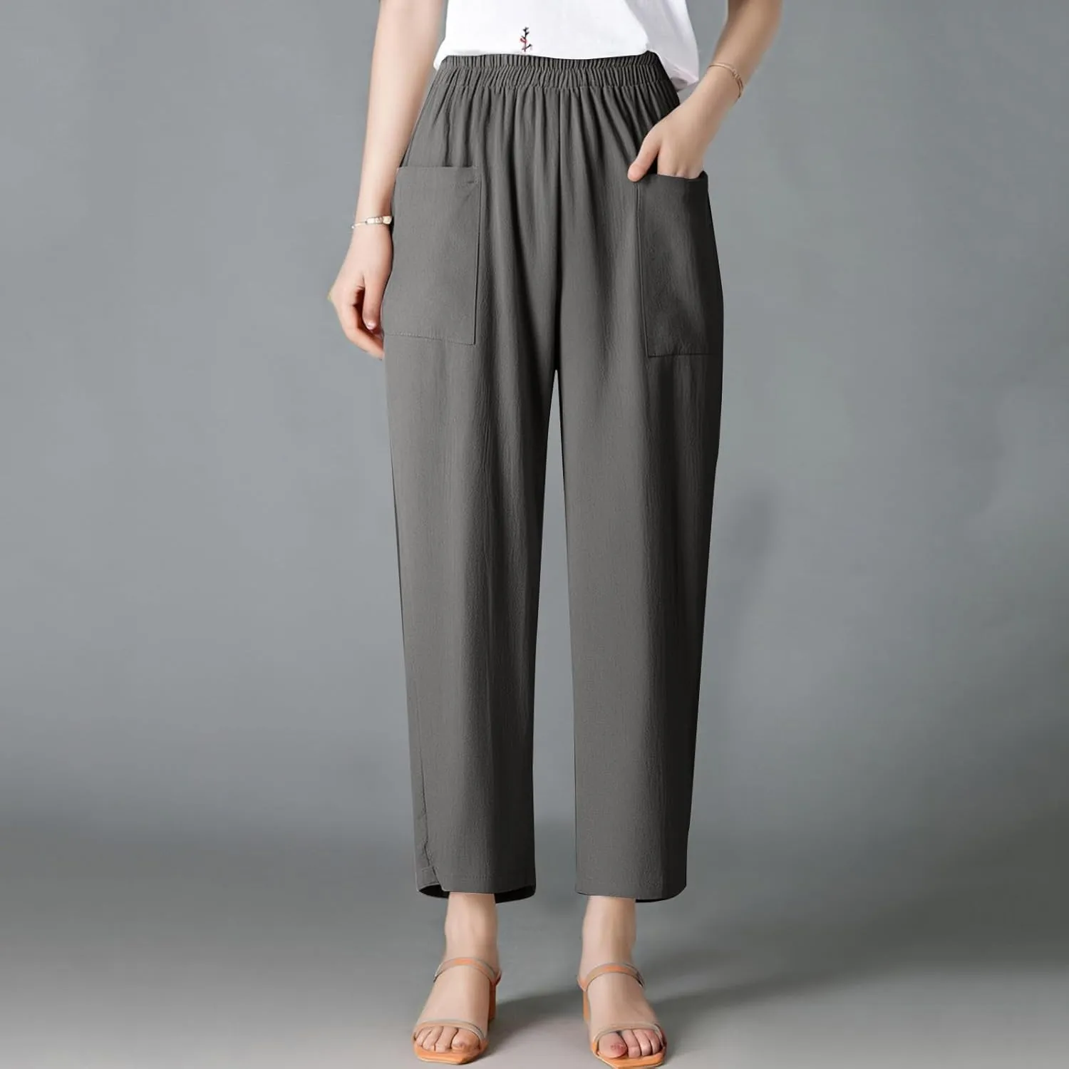 fanmpghleoo Linen Pants Women Summer Elastic High Waisted Wide Leg Linen Pants for Women 2025 Comfy Lounge Pants with Pockets