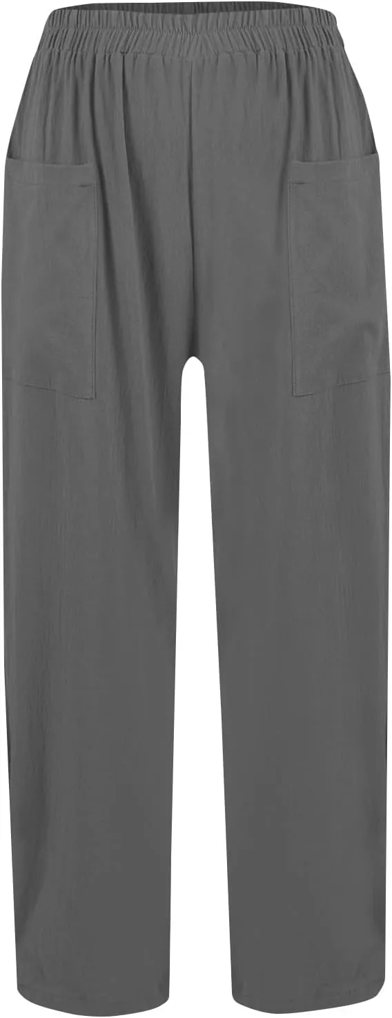 fanmpghleoo Linen Pants Women Summer Elastic High Waisted Wide Leg Linen Pants for Women 2025 Comfy Lounge Pants with Pockets