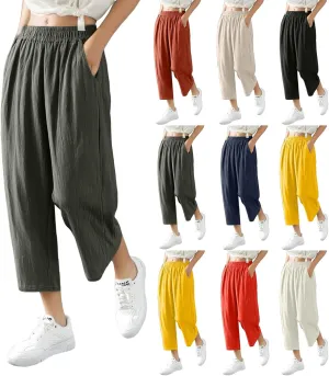fanmpghleoo Wide Leg Linen Pants for Women Cropped High Waisted Linen Pants Women Summer Casual Pull On Capris with Pockets