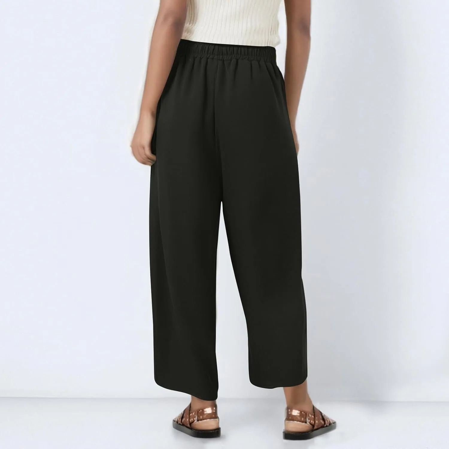 fanmpghleoo Wide Leg Linen Pants for Women Cropped High Waisted Linen Pants Women Summer Casual Pull On Capris with Pockets