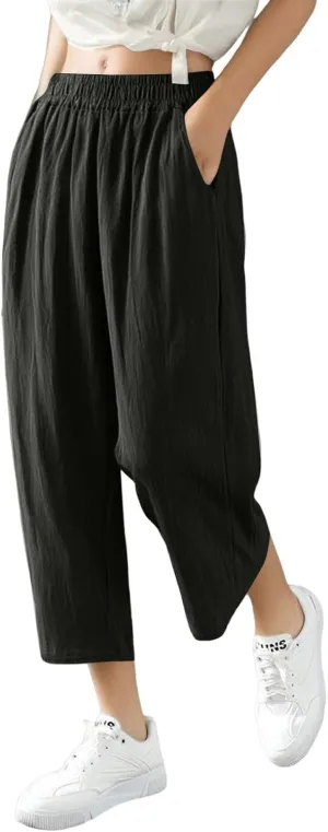 fanmpghleoo Wide Leg Linen Pants for Women Cropped High Waisted Linen Pants Women Summer Casual Pull On Capris with Pockets