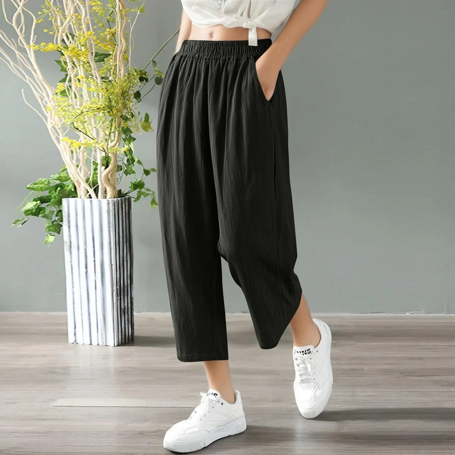 fanmpghleoo Wide Leg Linen Pants for Women Cropped High Waisted Linen Pants Women Summer Casual Pull On Capris with Pockets