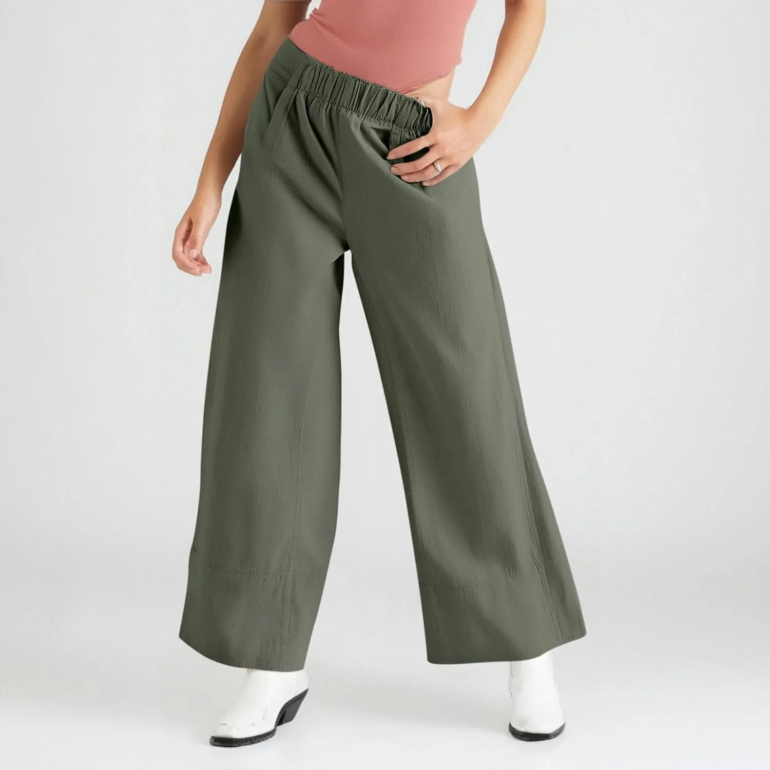 fanmpghleoo Wide Leg Linen Pants Women Summer Casual Elastic High Waisted Linen Trousers with Pockets Beach Vacation Slacks