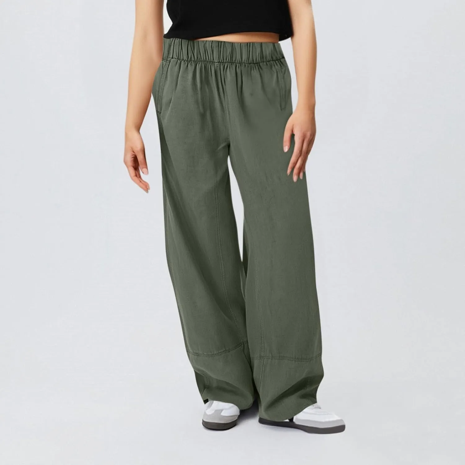 fanmpghleoo Wide Leg Linen Pants Women Summer Casual Elastic High Waisted Linen Trousers with Pockets Beach Vacation Slacks