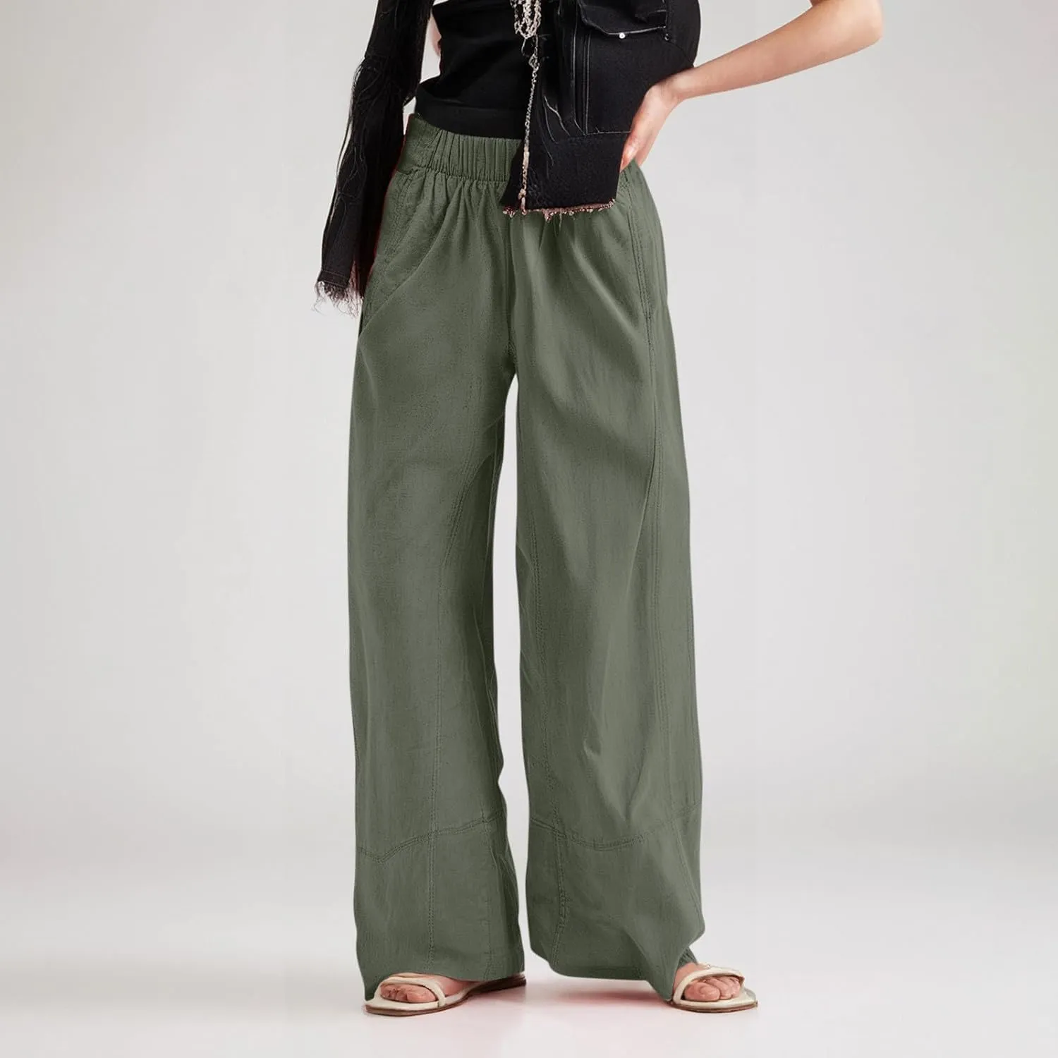 fanmpghleoo Wide Leg Linen Pants Women Summer Casual Elastic High Waisted Linen Trousers with Pockets Beach Vacation Slacks