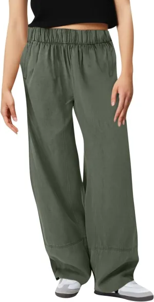 fanmpghleoo Wide Leg Linen Pants Women Summer Casual Elastic High Waisted Linen Trousers with Pockets Beach Vacation Slacks