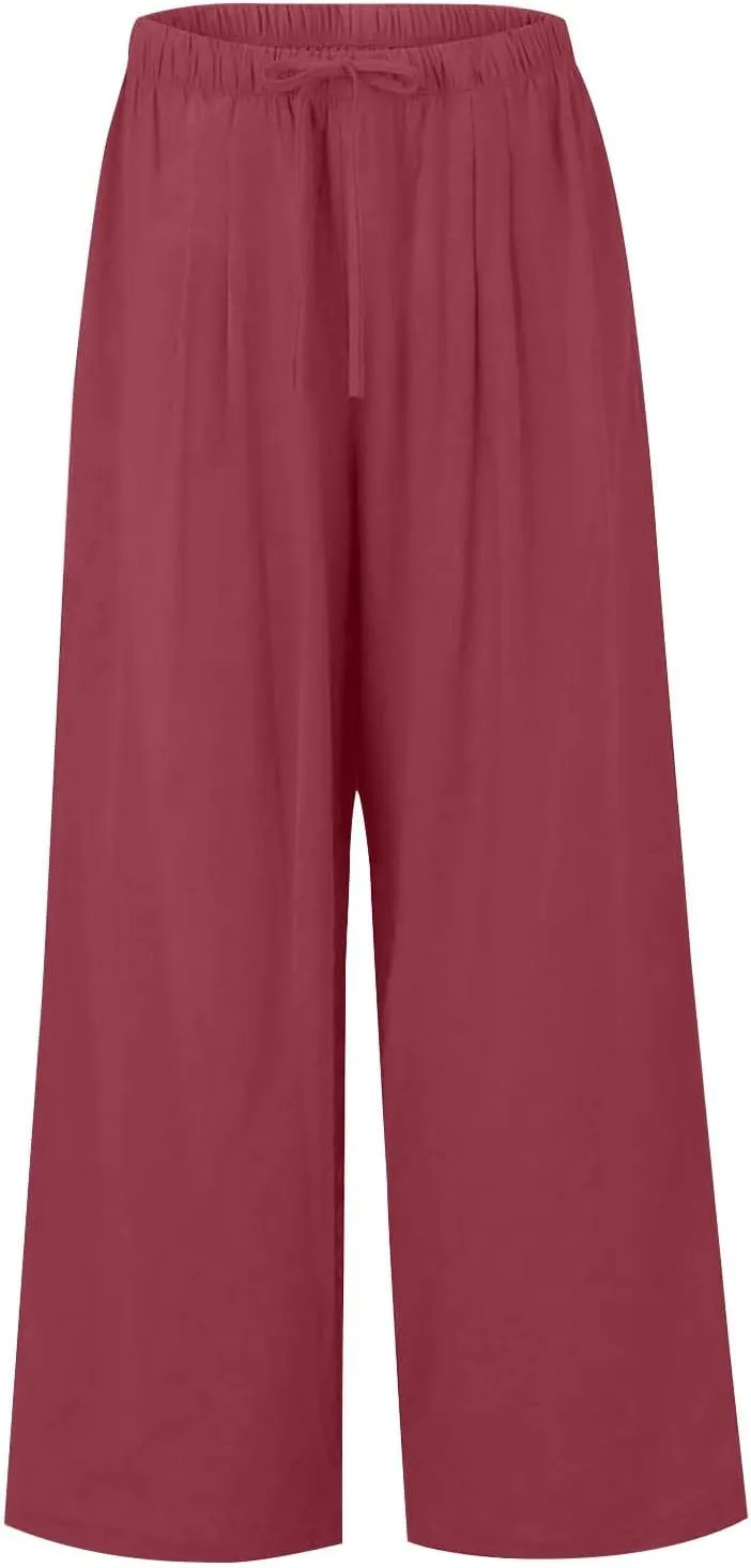 fanmpghleoo Wide Leg Palazzo Pants for Women Casual Drawstring Linen Pants Summer High Waisted Linen Trousers with Pockets