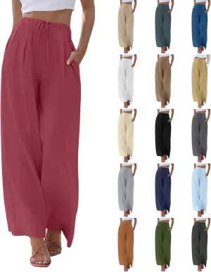 fanmpghleoo Wide Leg Palazzo Pants for Women Casual Drawstring Linen Pants Summer High Waisted Linen Trousers with Pockets