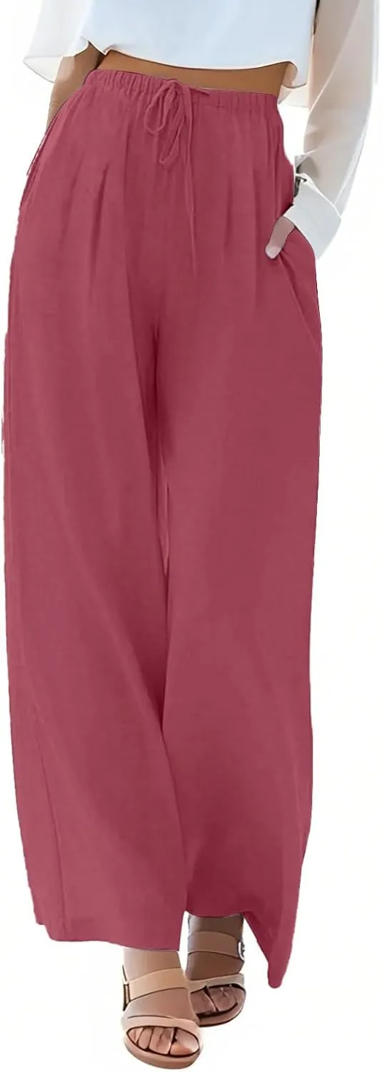 fanmpghleoo Wide Leg Palazzo Pants for Women Casual Drawstring Linen Pants Summer High Waisted Linen Trousers with Pockets