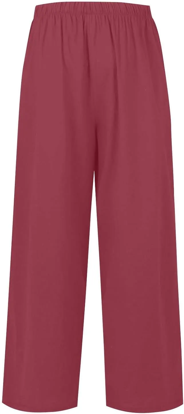 fanmpghleoo Wide Leg Palazzo Pants for Women Casual Drawstring Linen Pants Summer High Waisted Linen Trousers with Pockets