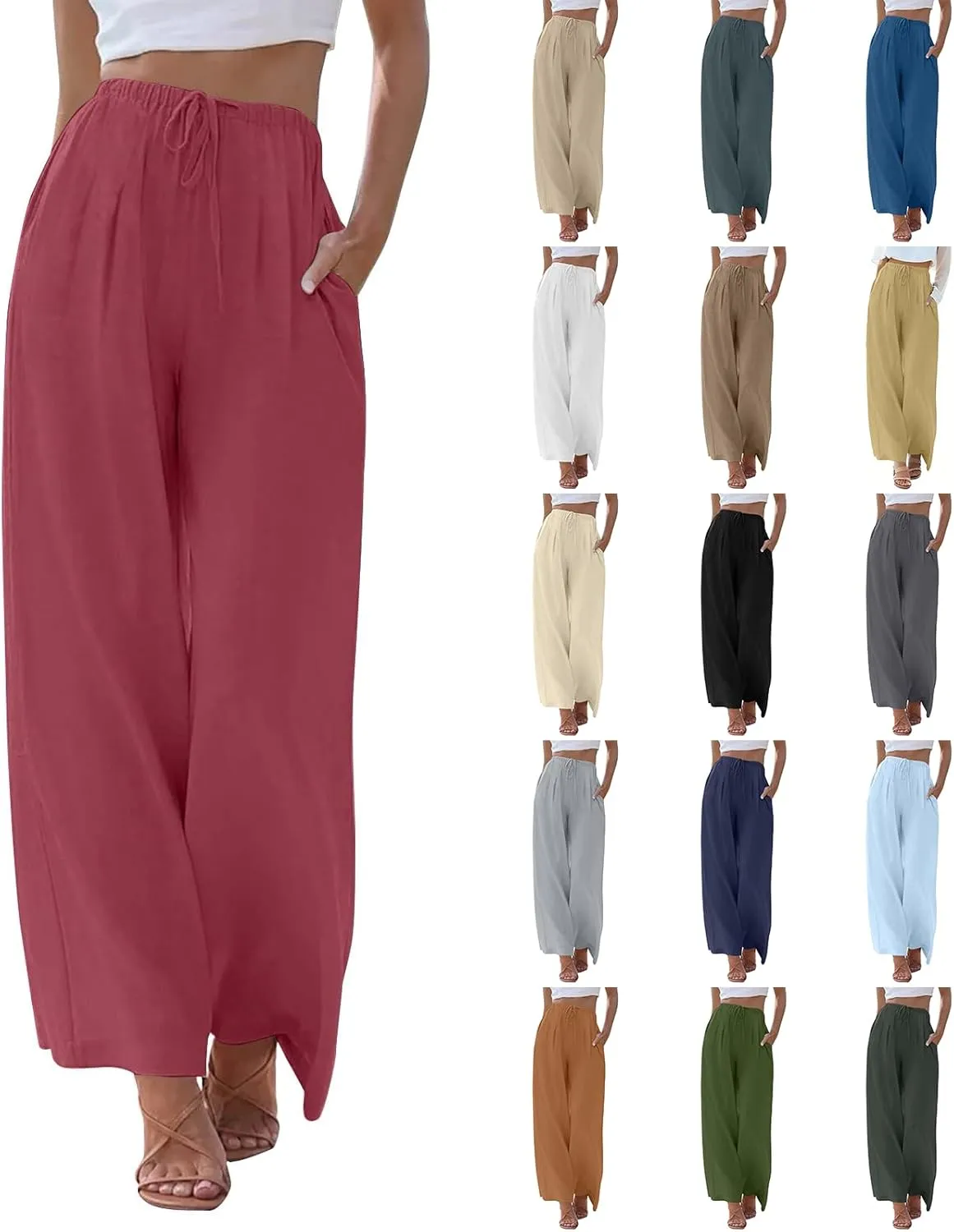 fanmpghleoo Wide Leg Palazzo Pants for Women Casual Drawstring Linen Pants Summer High Waisted Linen Trousers with Pockets