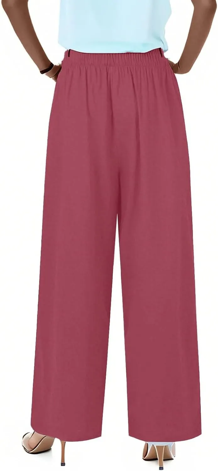fanmpghleoo Wide Leg Palazzo Pants for Women Casual Drawstring Linen Pants Summer High Waisted Linen Trousers with Pockets