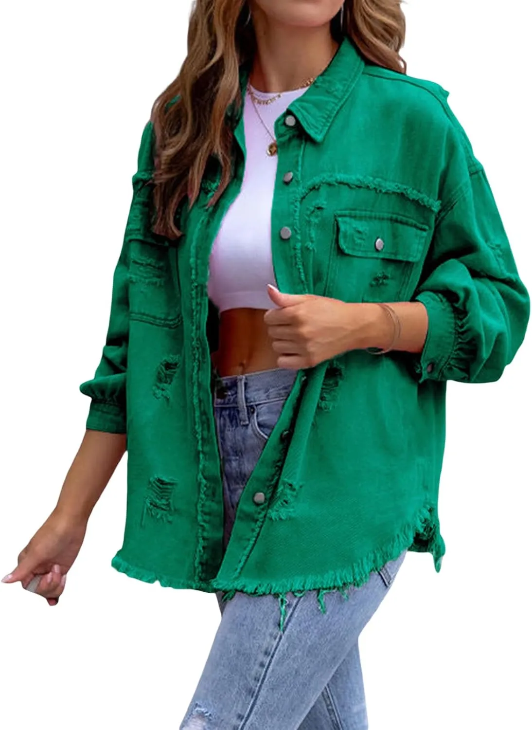 FEORJGP Women Crop Denim Jacket Button Down Distressed Ripped Hem Jacket Long Sleeve Lapel Cropped Jean Jacket 90s Streetwear