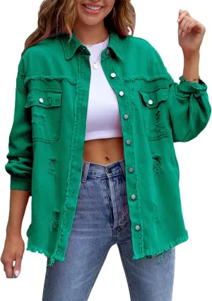 FEORJGP Women Crop Denim Jacket Button Down Distressed Ripped Hem Jacket Long Sleeve Lapel Cropped Jean Jacket 90s Streetwear
