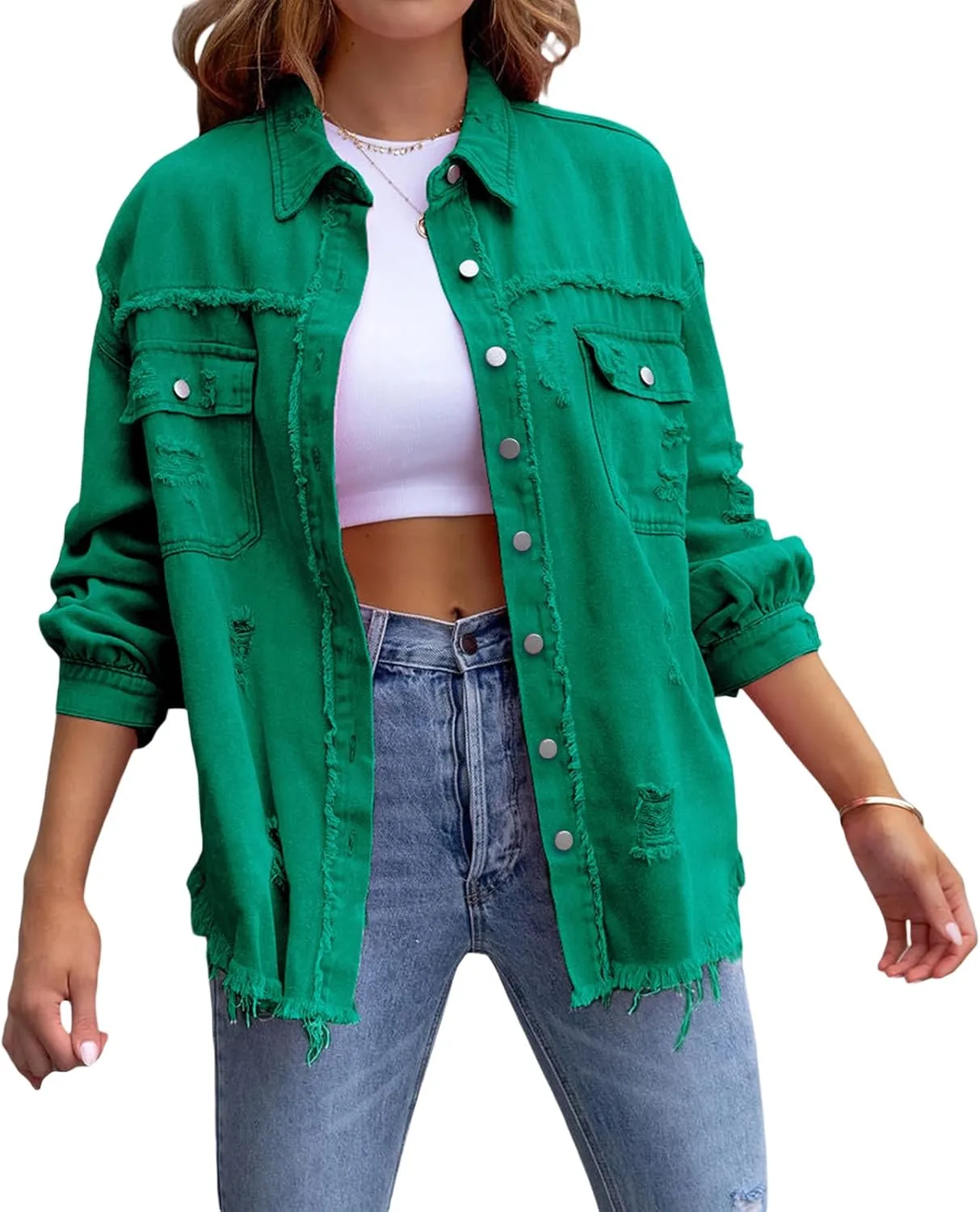 FEORJGP Women Crop Denim Jacket Button Down Distressed Ripped Hem Jacket Long Sleeve Lapel Cropped Jean Jacket 90s Streetwear