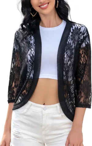 FindThy Women's Floral Lace Shrug Cardigan 3/4 Sleeve Crochet Bolero Jacket
