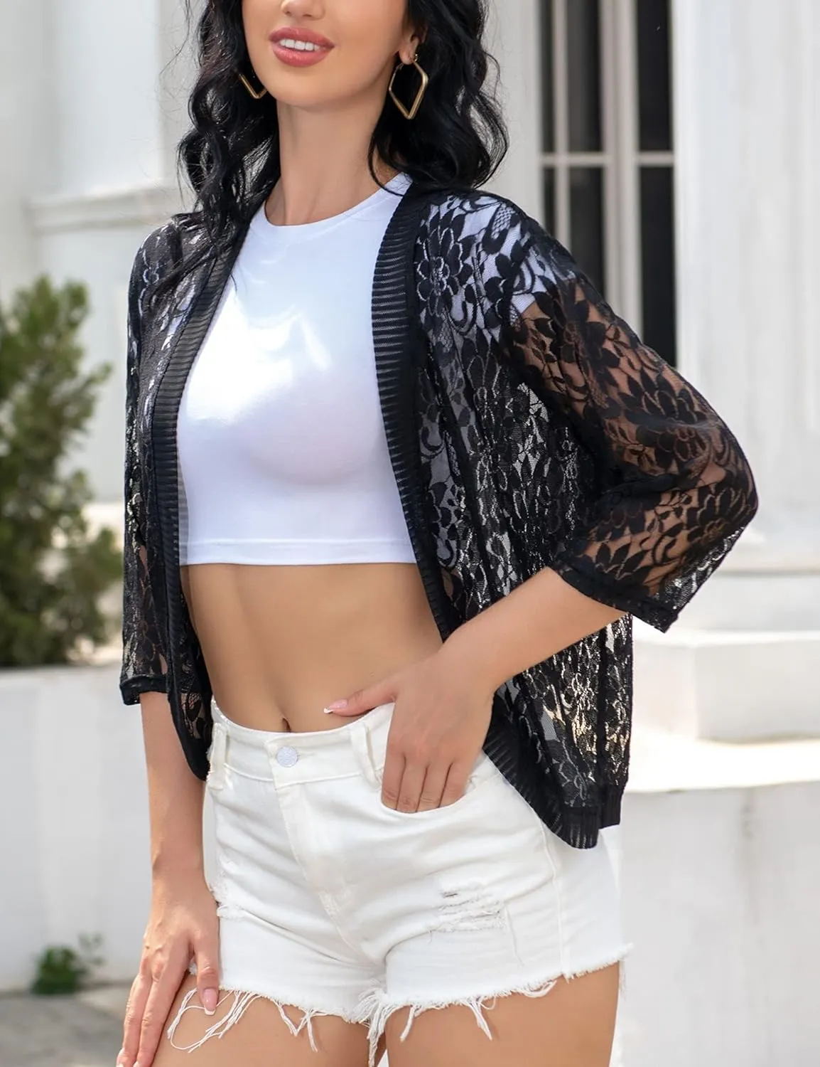 FindThy Women's Floral Lace Shrug Cardigan 3/4 Sleeve Crochet Bolero Jacket