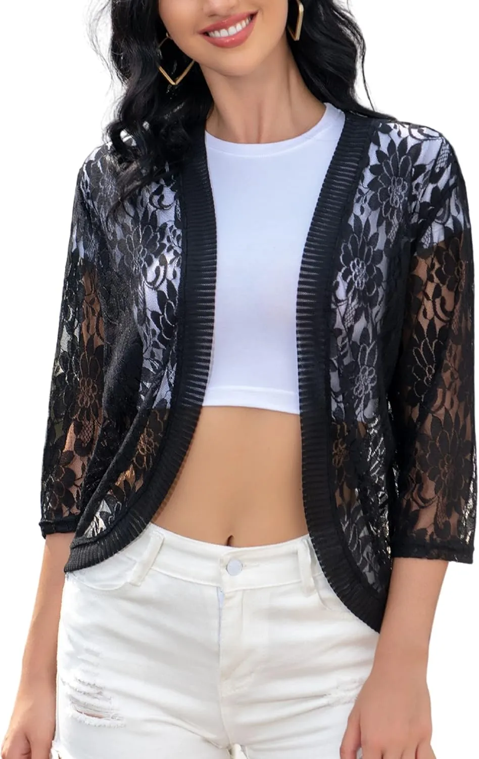FindThy Women's Floral Lace Shrug Cardigan 3/4 Sleeve Crochet Bolero Jacket