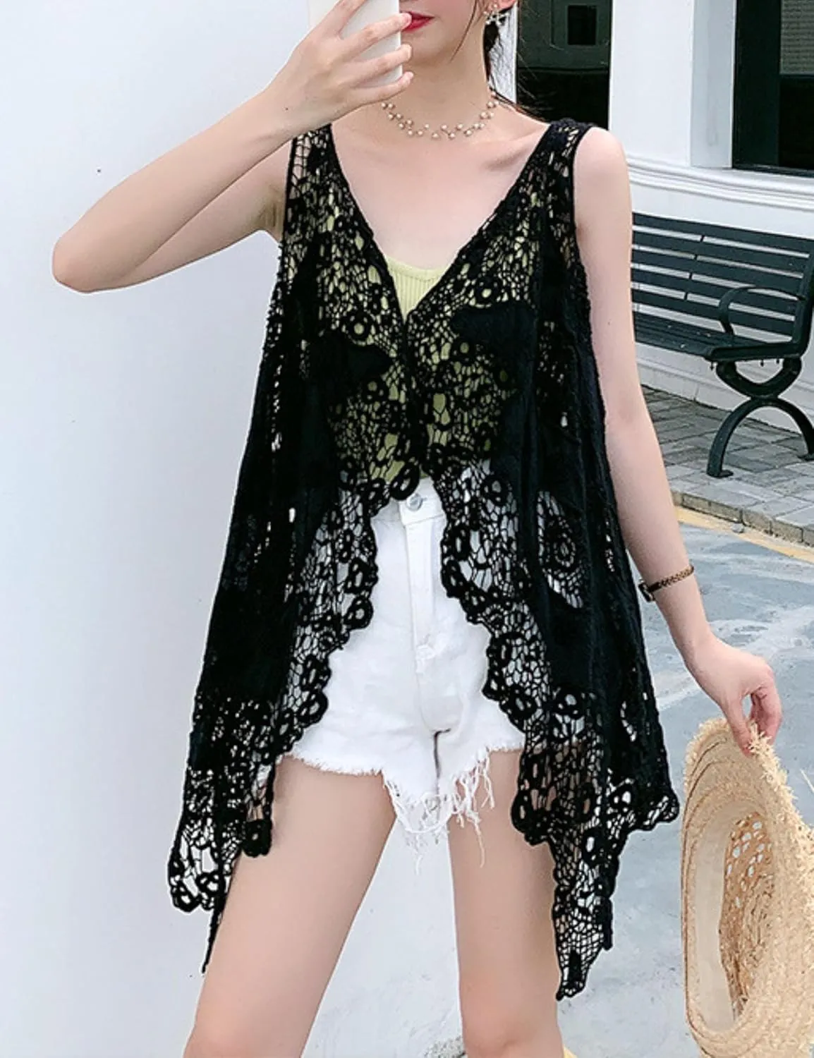 FindThy Womens Hollow Knitting Stitch Cardigan Open Front Draped Boho Hippie Crochet Vest