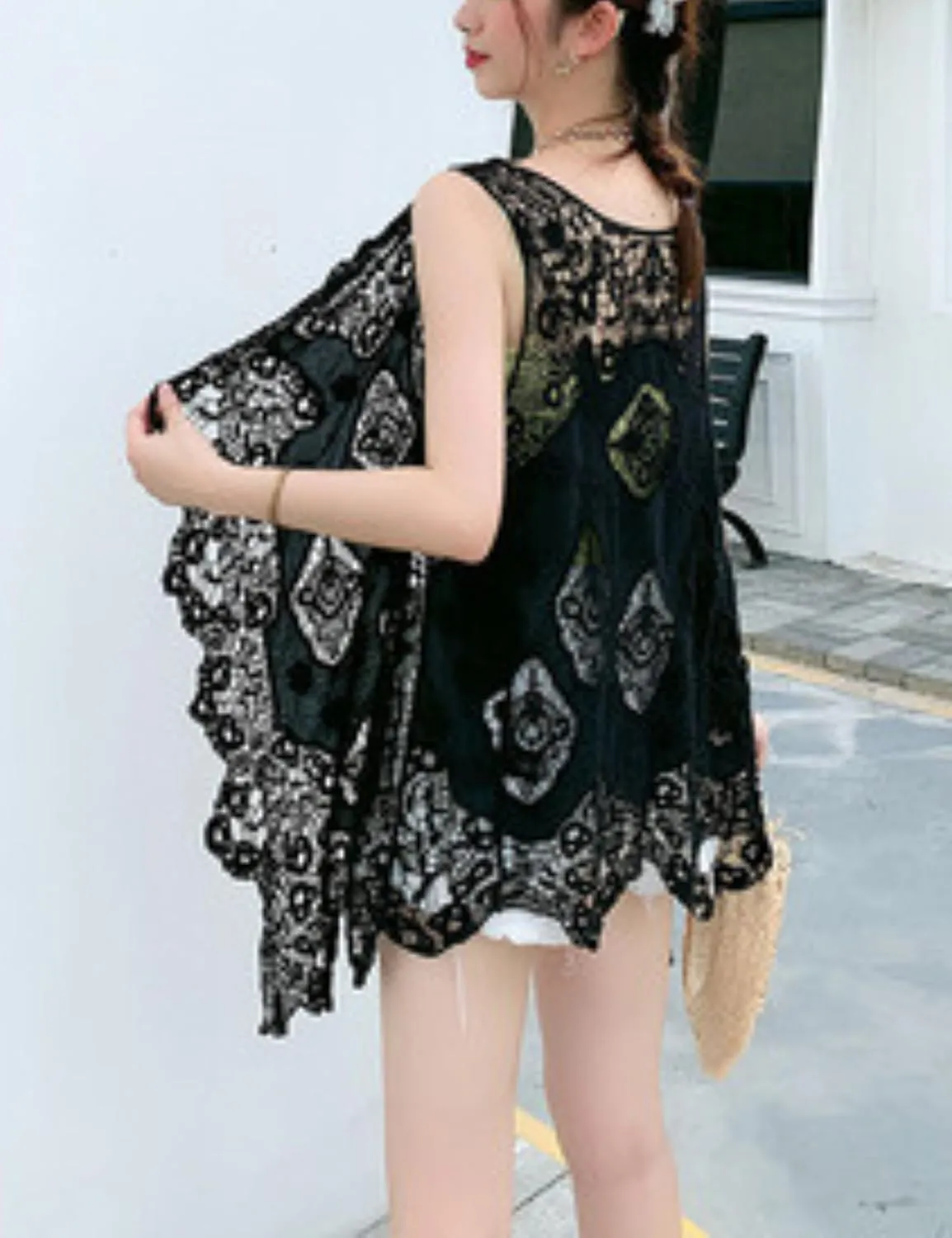 FindThy Womens Hollow Knitting Stitch Cardigan Open Front Draped Boho Hippie Crochet Vest