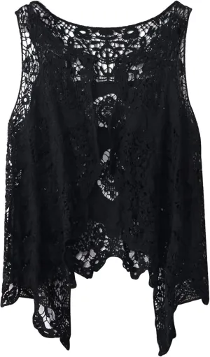 FindThy Womens Hollow Knitting Stitch Cardigan Open Front Draped Boho Hippie Crochet Vest