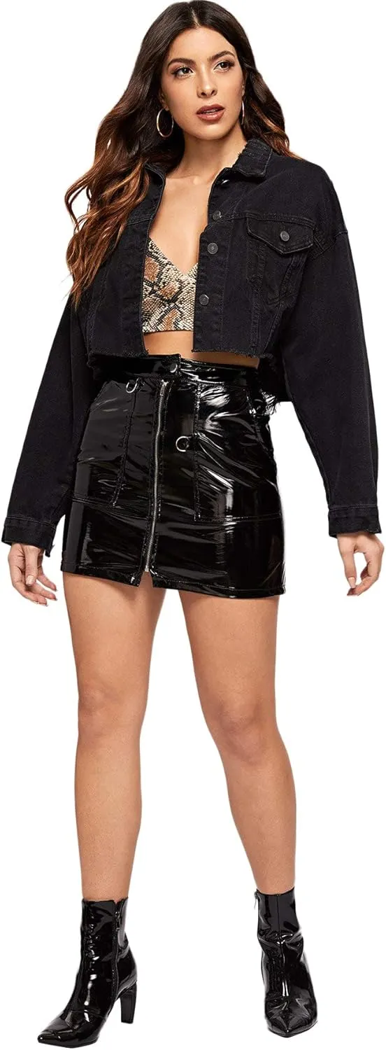 Floerns Women's Casual Drop Shoulder Ripped Crop Denim Jean Jacket