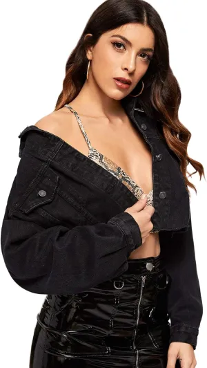 Floerns Women's Casual Drop Shoulder Ripped Crop Denim Jean Jacket