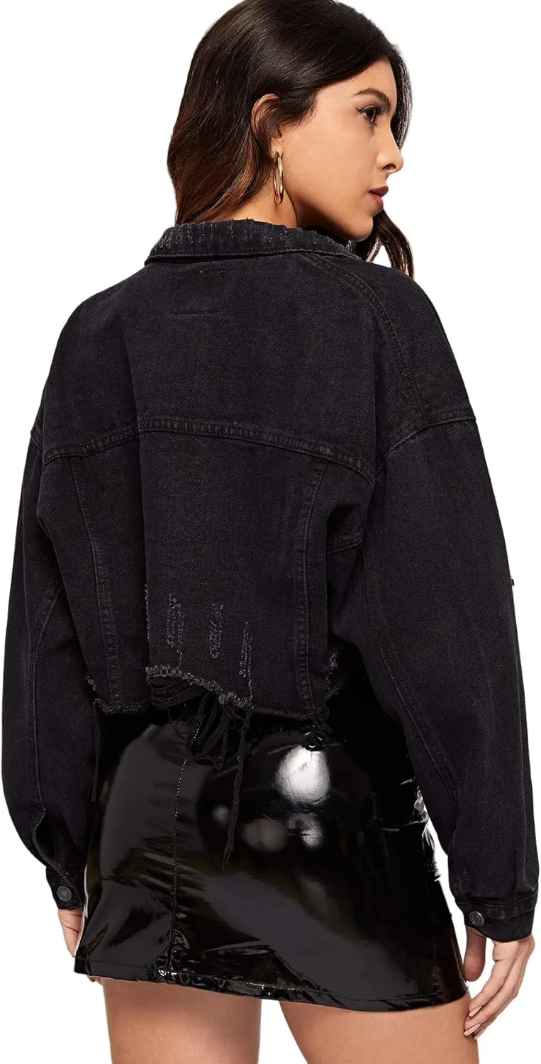 Floerns Women's Casual Drop Shoulder Ripped Crop Denim Jean Jacket