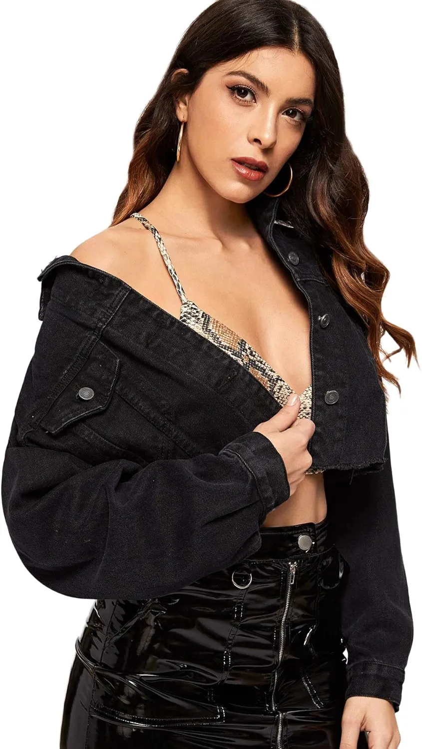 Floerns Women's Casual Drop Shoulder Ripped Crop Denim Jean Jacket