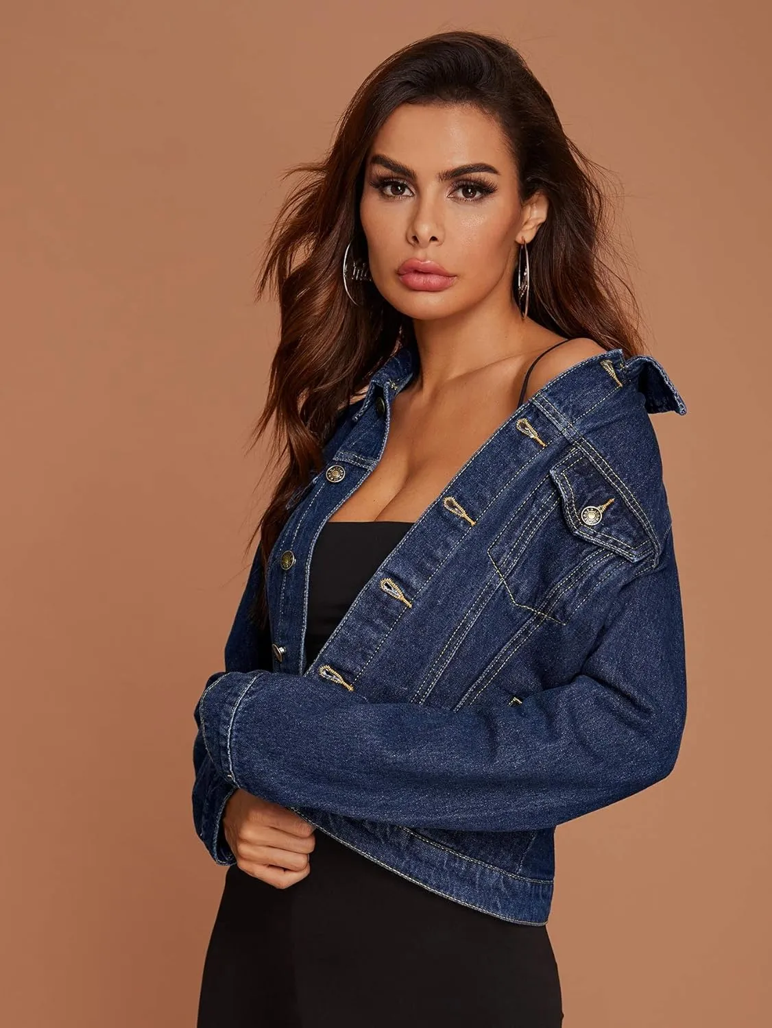 Floerns Women's Casual Drop Shoulder Ripped Crop Denim Jean Jacket