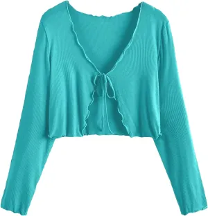 Floerns Women's Plus Size Long Sleeve Rib Knit Tie Front Cropped Cardigan