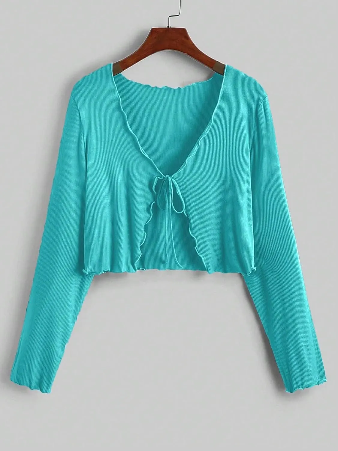 Floerns Women's Plus Size Long Sleeve Rib Knit Tie Front Cropped Cardigan