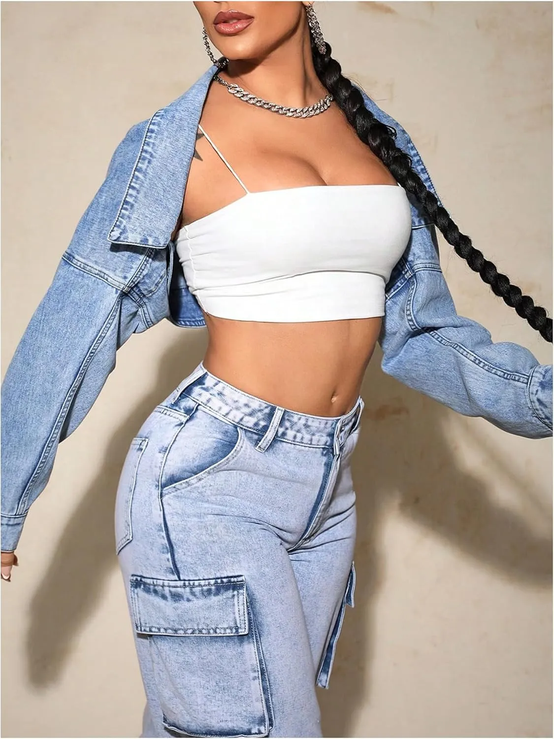 Floerns Women's Y2k Open Front Cropped Denim Jean Long Sleeve Street Jacket Coat