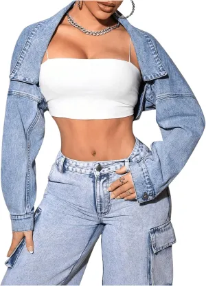 Floerns Women's Y2k Open Front Cropped Denim Jean Long Sleeve Street Jacket Coat