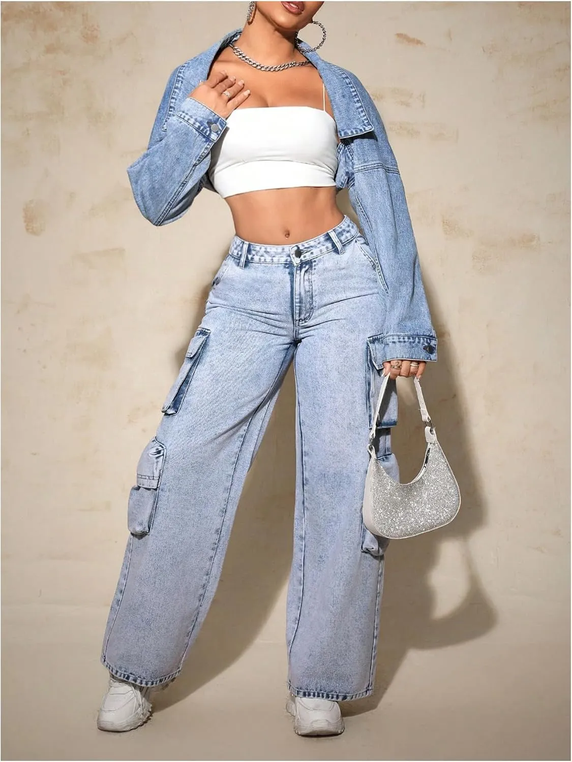 Floerns Women's Y2k Open Front Cropped Denim Jean Long Sleeve Street Jacket Coat