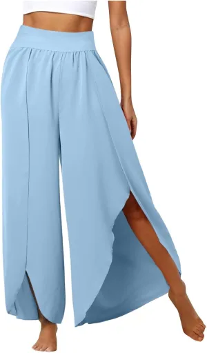 Flowy Wide Leg Pants for Women High Waisted Split Yoga Pants Loose Casual Palazzo Pants Stretch Dress Lounge Beach Pants