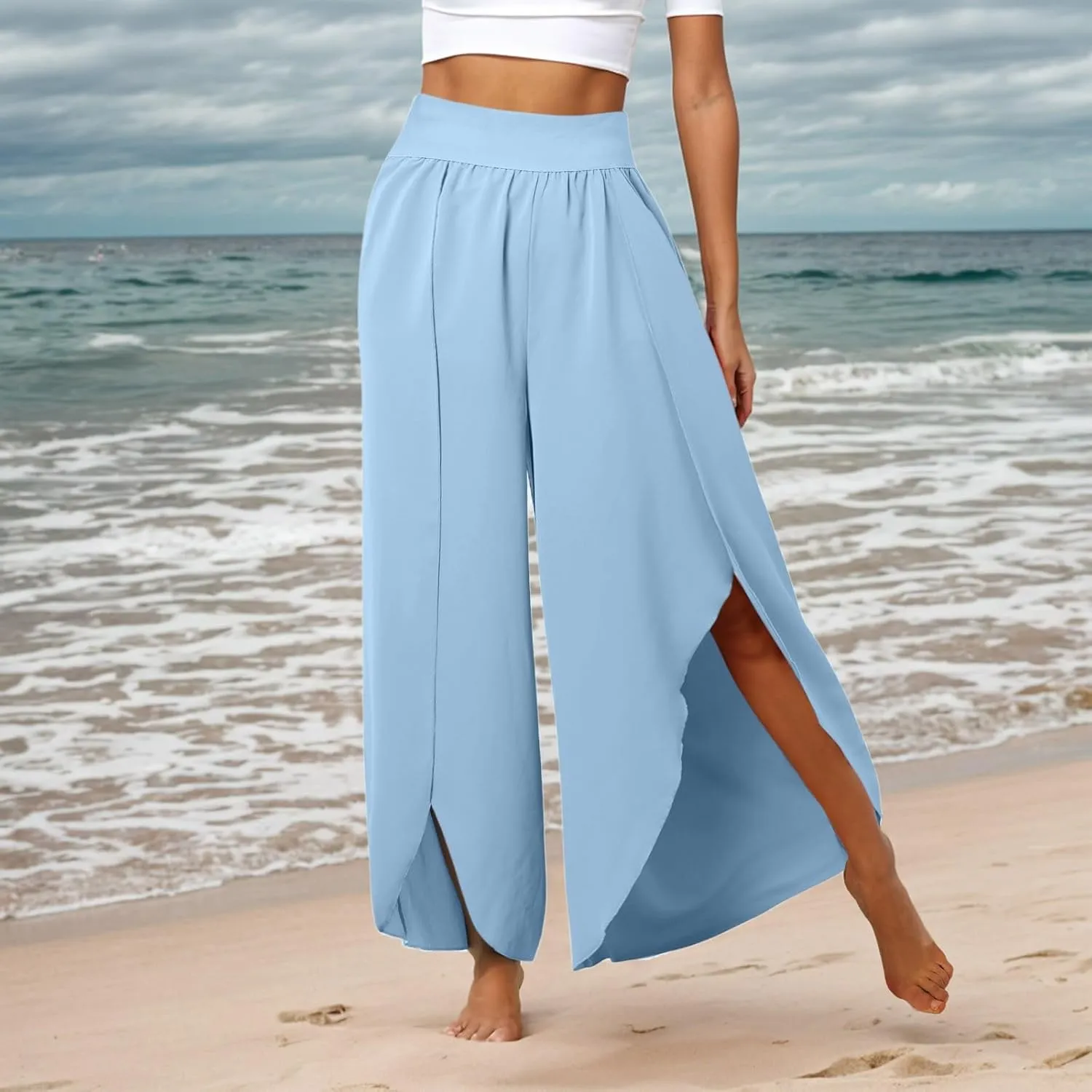 Flowy Wide Leg Pants for Women High Waisted Split Yoga Pants Loose Casual Palazzo Pants Stretch Dress Lounge Beach Pants