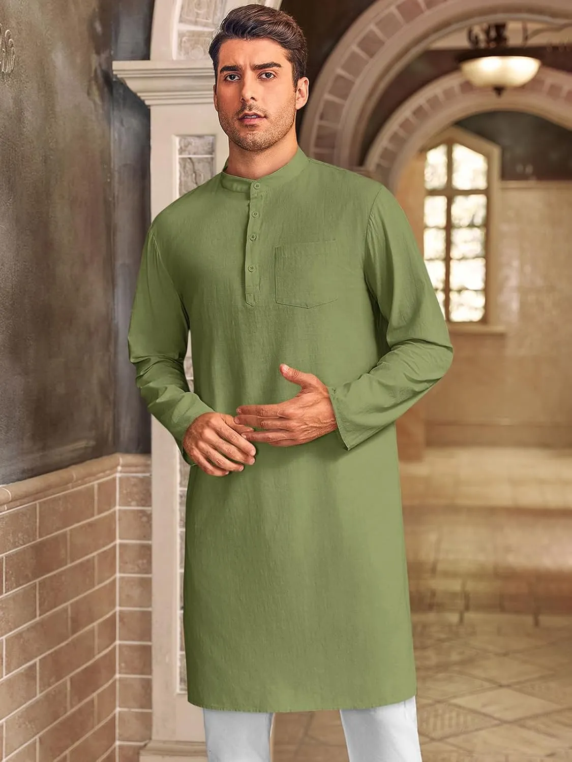 Gafeng Mens Kaftan Robe Button Down Long Sleeve Henley Cotton Thobe Casual Side Split Gown Shirt
