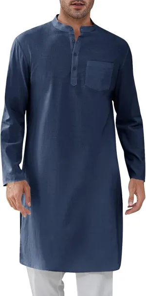 Gafeng Mens Kaftan Robe Button Down Long Sleeve Henley Cotton Thobe Casual Side Split Gown Shirt