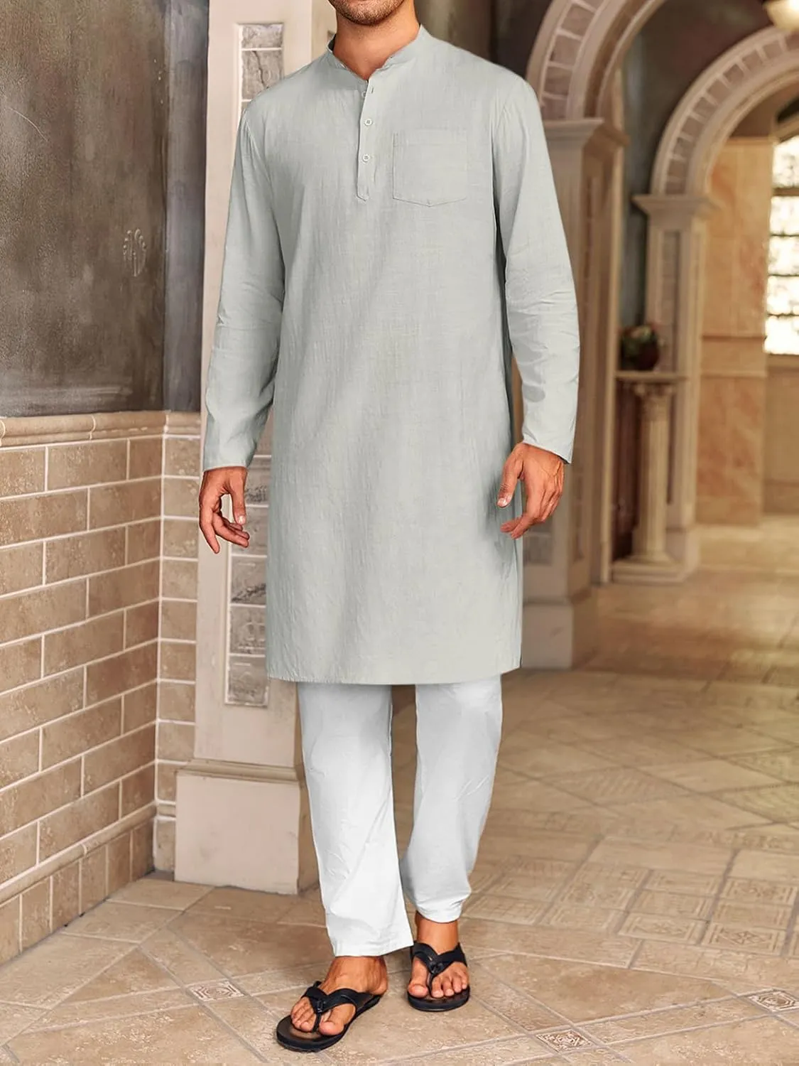 Gafeng Mens Kaftan Robe Button Down Long Sleeve Henley Cotton Thobe Casual Side Split Gown Shirt