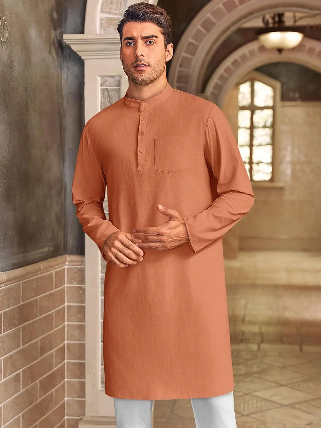 Gafeng Mens Kaftan Robe Button Down Long Sleeve Henley Cotton Thobe Casual Side Split Gown Shirt